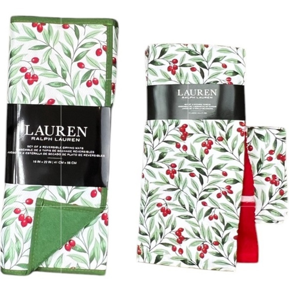 Ralph Lauren - ‘Winter Holly bundle’ Drying mats(2) & dish towels(3). NWT Firm!